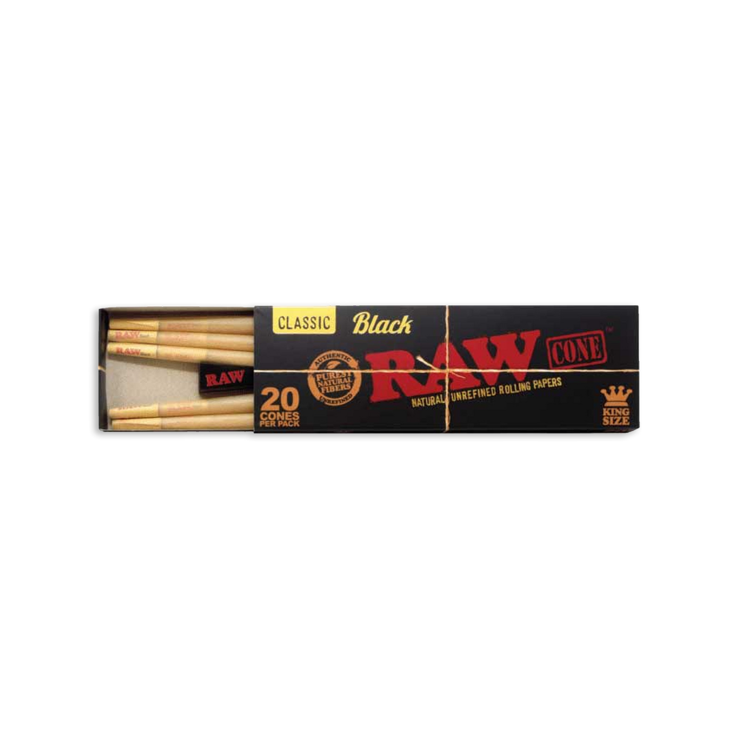 Raw Classic Natural Unrefined Rolling Paper Cones - King Size - Black - Pack of 20
